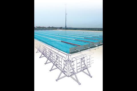 The pool edges were formed from panels supported by 100 structural steel “cradles” running around the pool’s perimeter